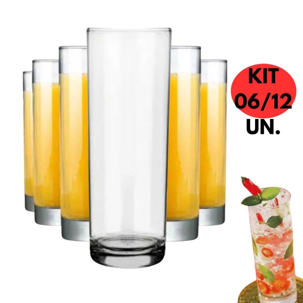Jogo Kit 06/12 Copo Tubo Cylinder Vidro 300ML Resistente Cristalino Suco Refrigerante Drink Agua Restaurante Buffet Bar