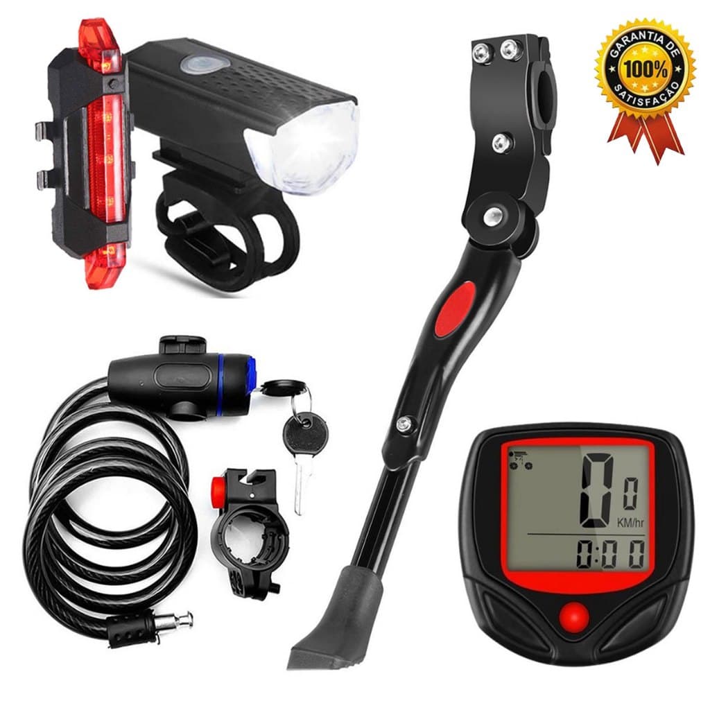 KIT Trava Cabo De Aço Cadeado Segurança Bike e Moto + Velocímetro Com Fio Luz Mountain Prova D'agua + Pezinho De Bike Lateral Regulavel 20 29 + Farol e Sinalizador traseiro Prova D'Água USB Recarregavel
