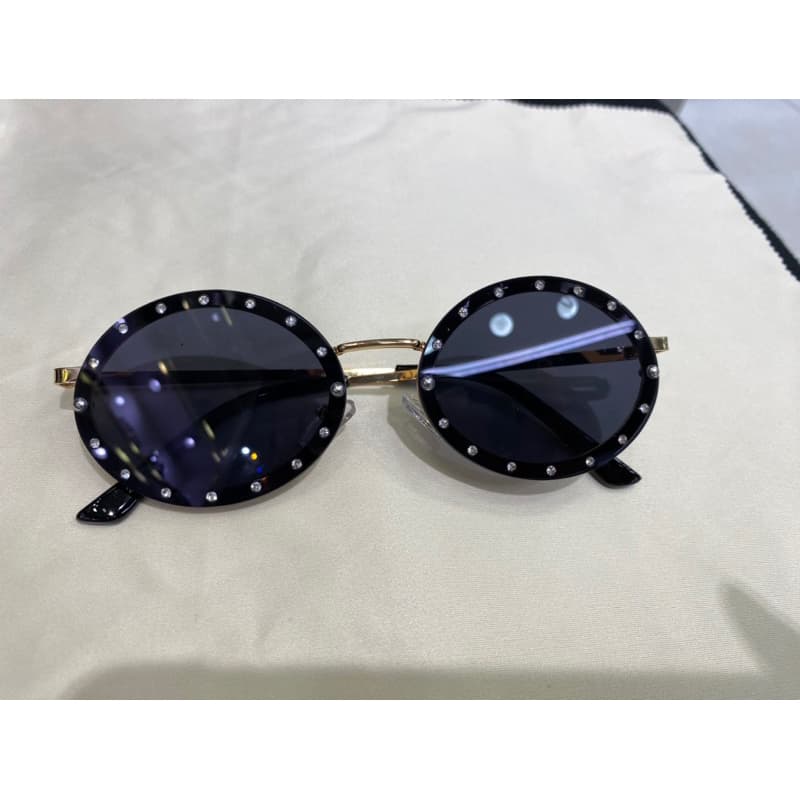 óculos de sol retro metal oval dourado preto com pedrinhas feminino