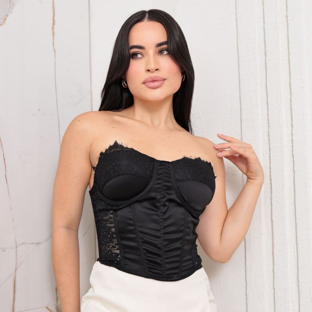 Cropped Corselet Tomara Que Caia Tecido Cetim Com Renda