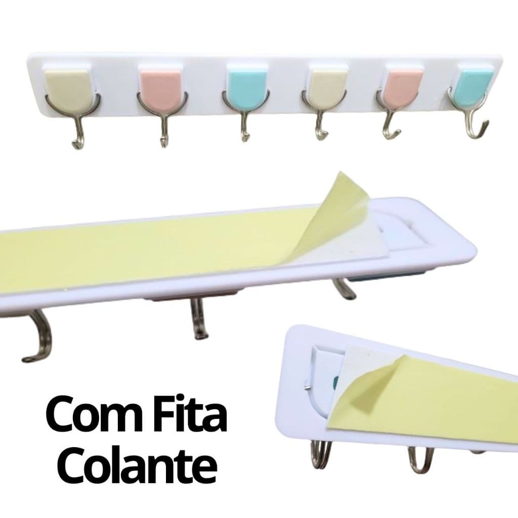 Suporte Cabide 6 Gancho Reforçado Cabideiro Para Chaves Utensílios Roupas Com Fita Colante