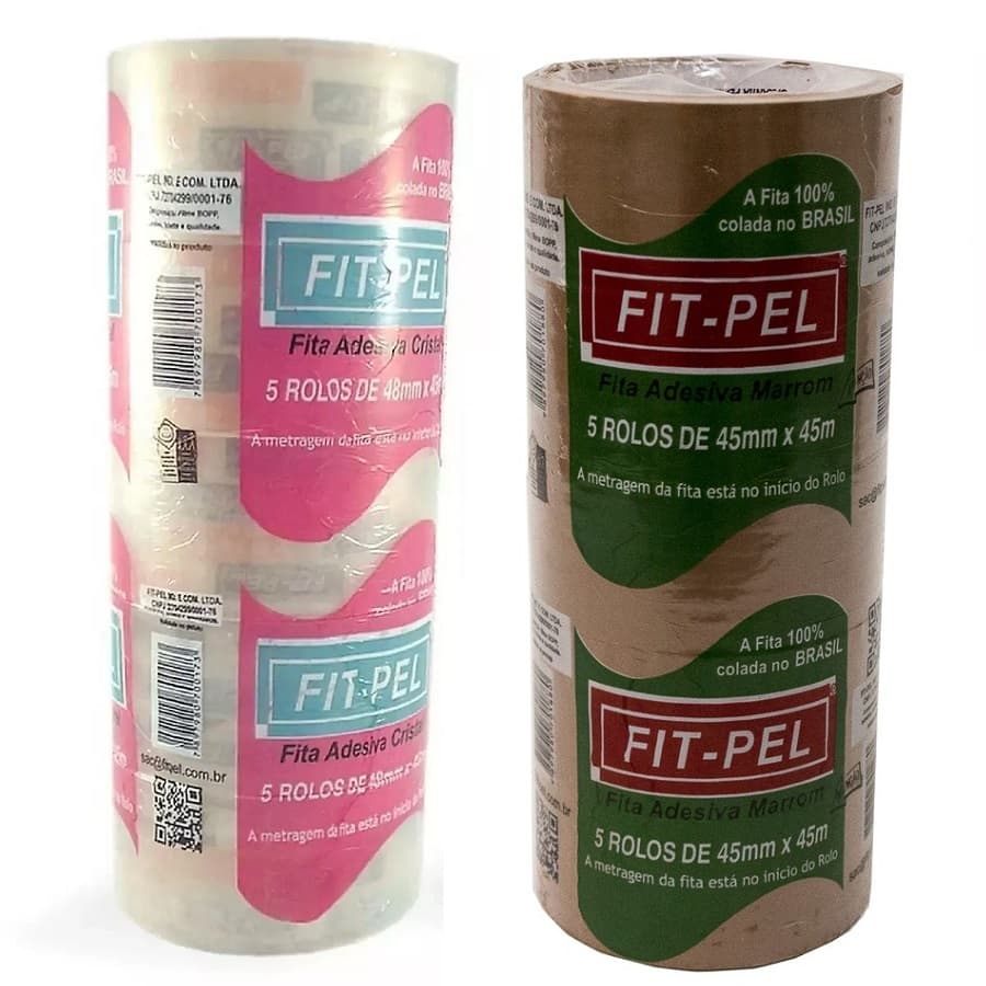 Kit 5 Fita Adesiva Marrom ou Transparente Fit-Pel 48mm x 45m