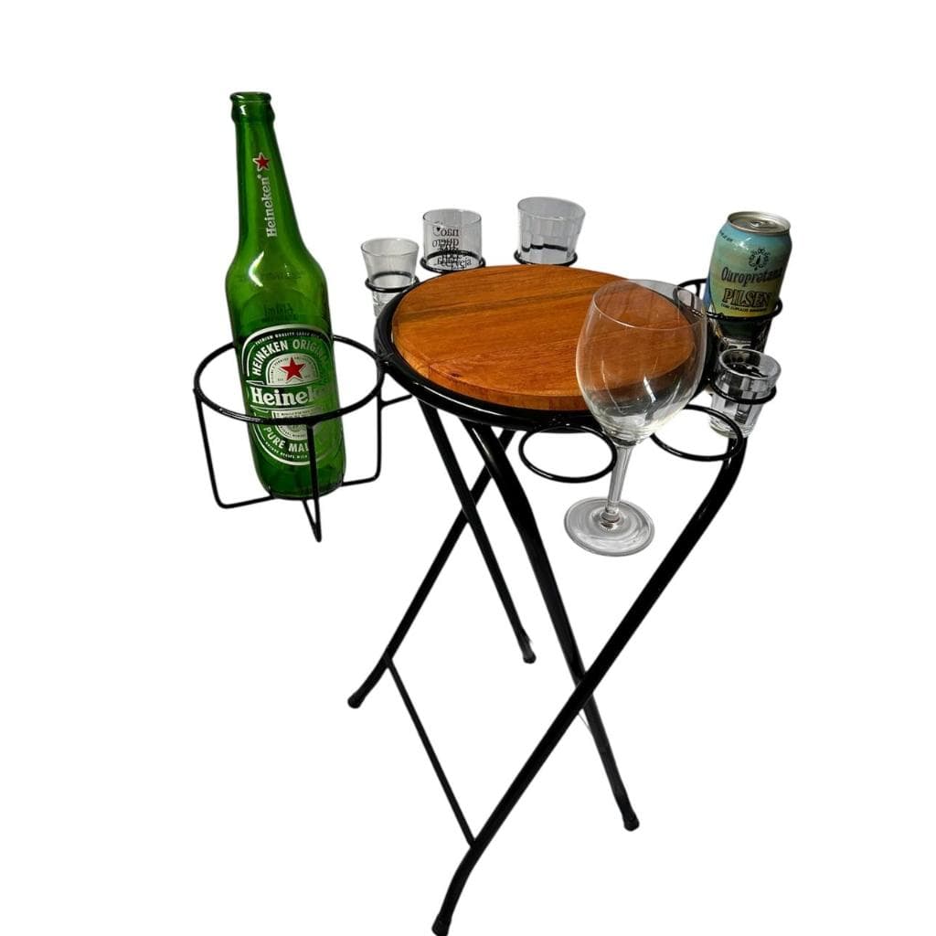 Petisqueira mesa dobravel redonda bancoporta garrafas bebida taças cerveja vinho adega lançamento