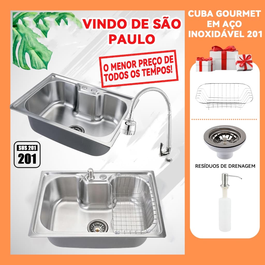 60CM Cuba para cozinha gourmet pia aço inox com acessórios e Torneira Gourmet de Cozinha Bancada Metal Flexível