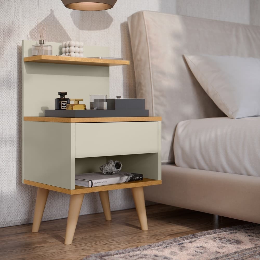 Mesa de Cabeceira Off White Cinamomo Retro Pés Palito 1 Gaveta Nicho Prateleira Criado Quarto Decoração