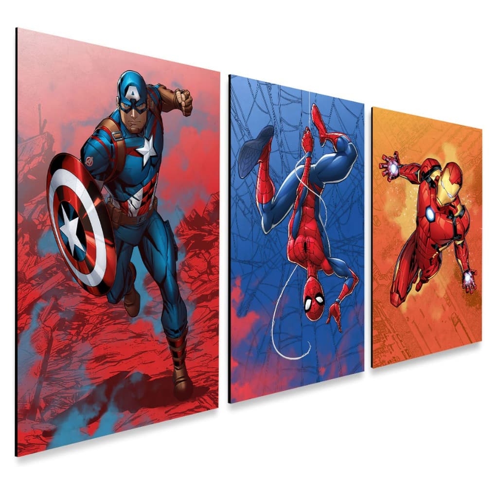Kit 3 Quadros Decorativos Filme Marvel Capitão America, Homem Aranha e Homem de Ferro