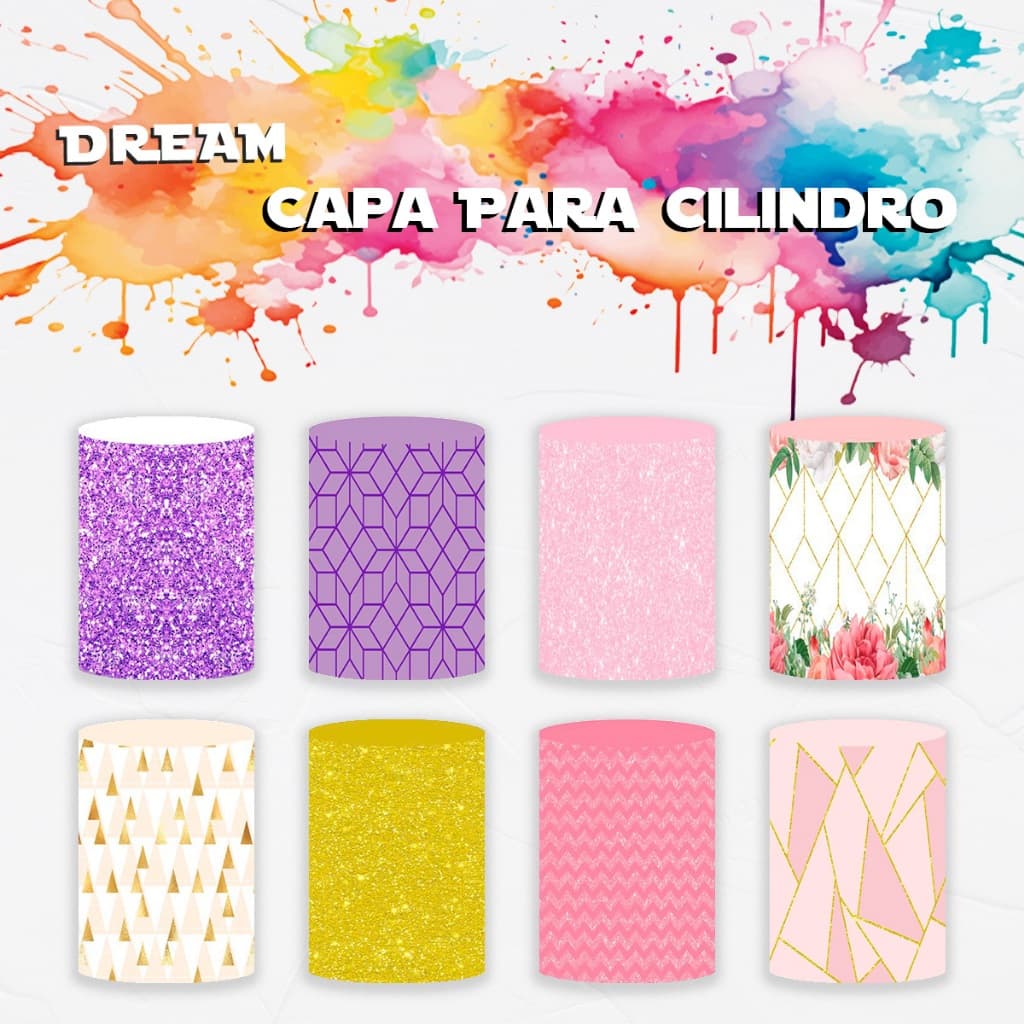 Capa Para Cilindro Temático Floral Geometrico Glitter Rosa Decoração Aniversario Casamento Malha Sublimada