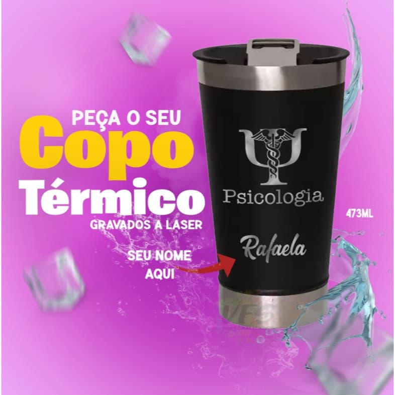 copo termico com tampa e abridor psicologia psicologo gravação a laser com nome
