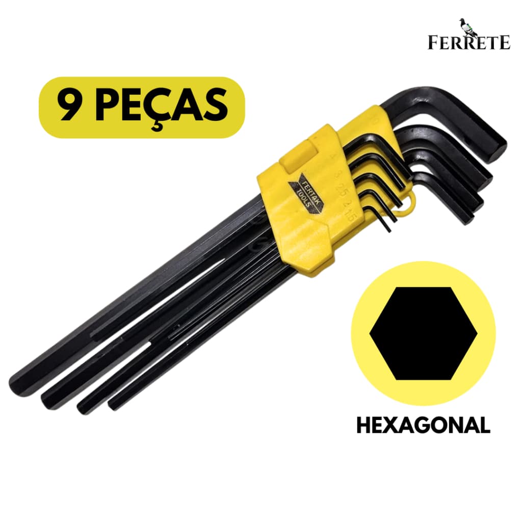 Chave Allen Hexagonal Longa Jogo 9 peças cromo vanádio - Fertak