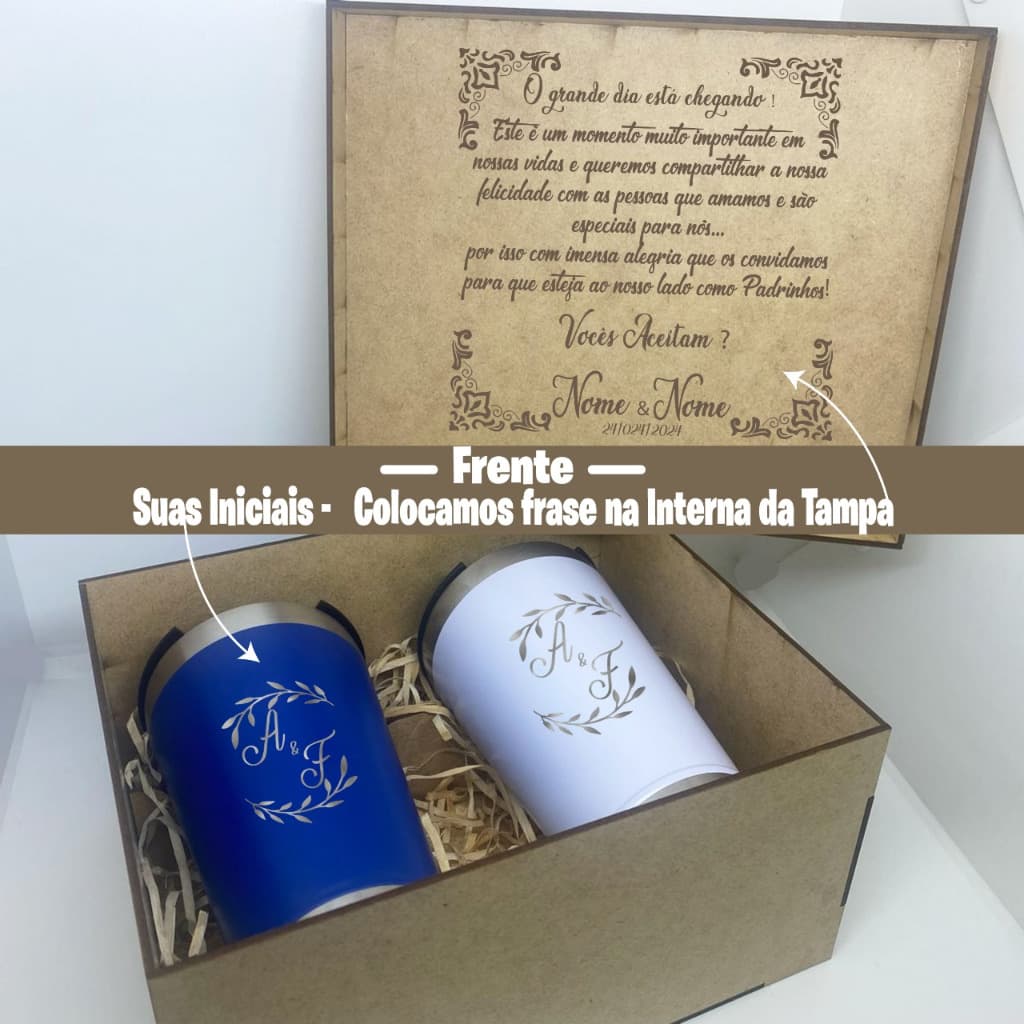 Kit Lembrancinha padrinho de casamento madrinha de casamento- ( 2 copos + caixa mdf )