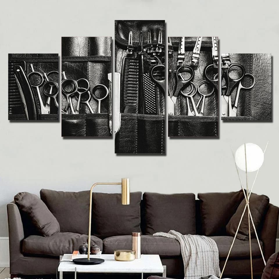 Kit Quadros Decorativo 5 peças 115x60 Mosaico Barbearia barber shop cabelereiro salão masculino Hall