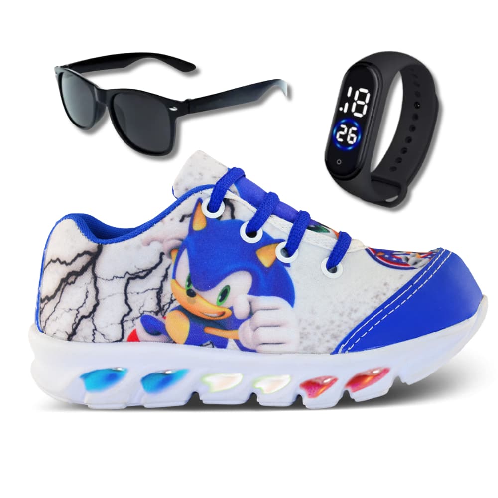 Kit Tênis Sonic Menino Infantil Com Led Colorida + Relógio e Óculos presente dia das crianças