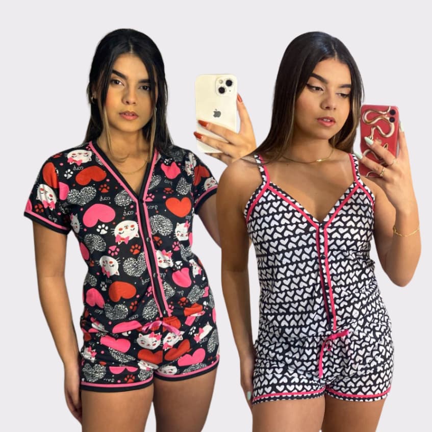 KIT 2 Pijama Feminino Americano Estampado/ Conjunto Baby Doll/ Meia Manga/ Alcinha