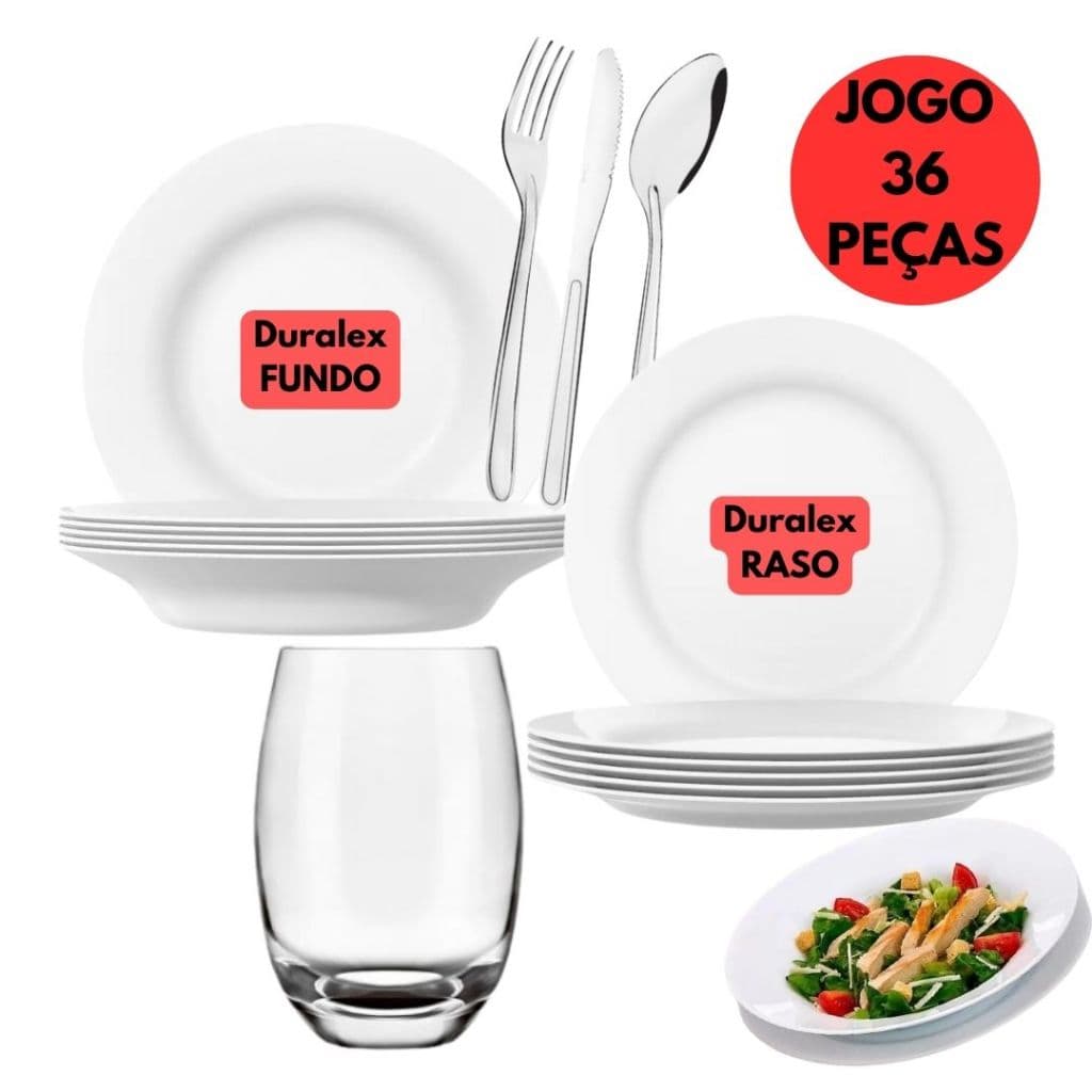 Jogo Aparelho Jantar 36 Peças C/ 06 Prato Duralex Vidro Fundo+ 06 Raso Menu +06 Copos +18 Talheres Inox Oriente