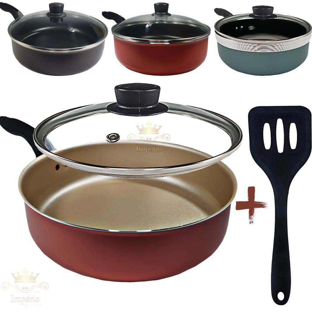 Frigideira Alta 22 Cm Com Tampa De Vidro E Espátula Antiaderente Com 5 Camadas De Teflon Cor Cereja Gold Cobre Preta Rouge Turquesa Frigideira Grande Funda Alumínio Resistente