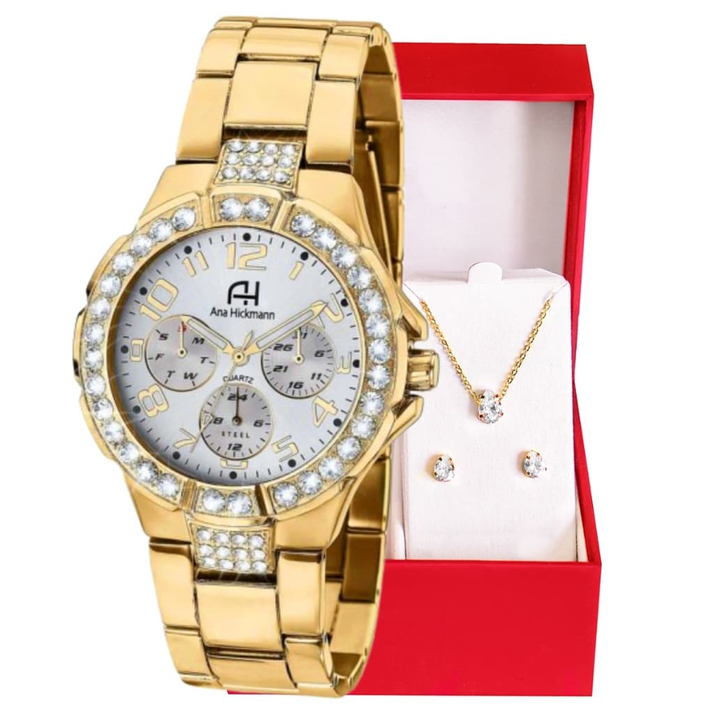 Kit Relógio Feminino Champion Ana Hickmann Analógico A Prova D’Água Original Presente Moda Gift Aniversário Tendência Estilo Mulher Esposa Namorada Mãe Barato Dourado  MultiFunção AH30193H