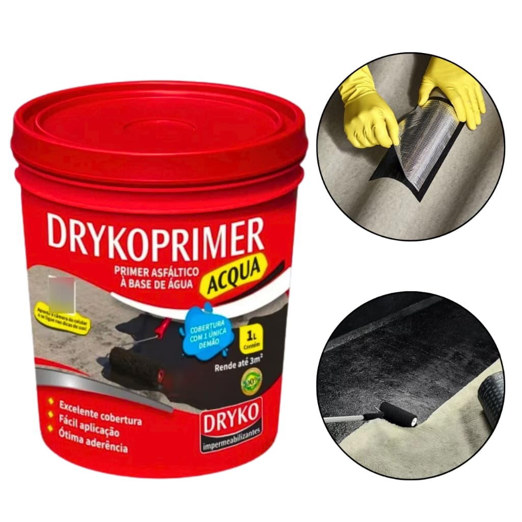 Primer P/ Manta Asfáltica 1 Litro Base D'Água Dryko Impermeabilizante Aluminizada Autoadesiva Acqua