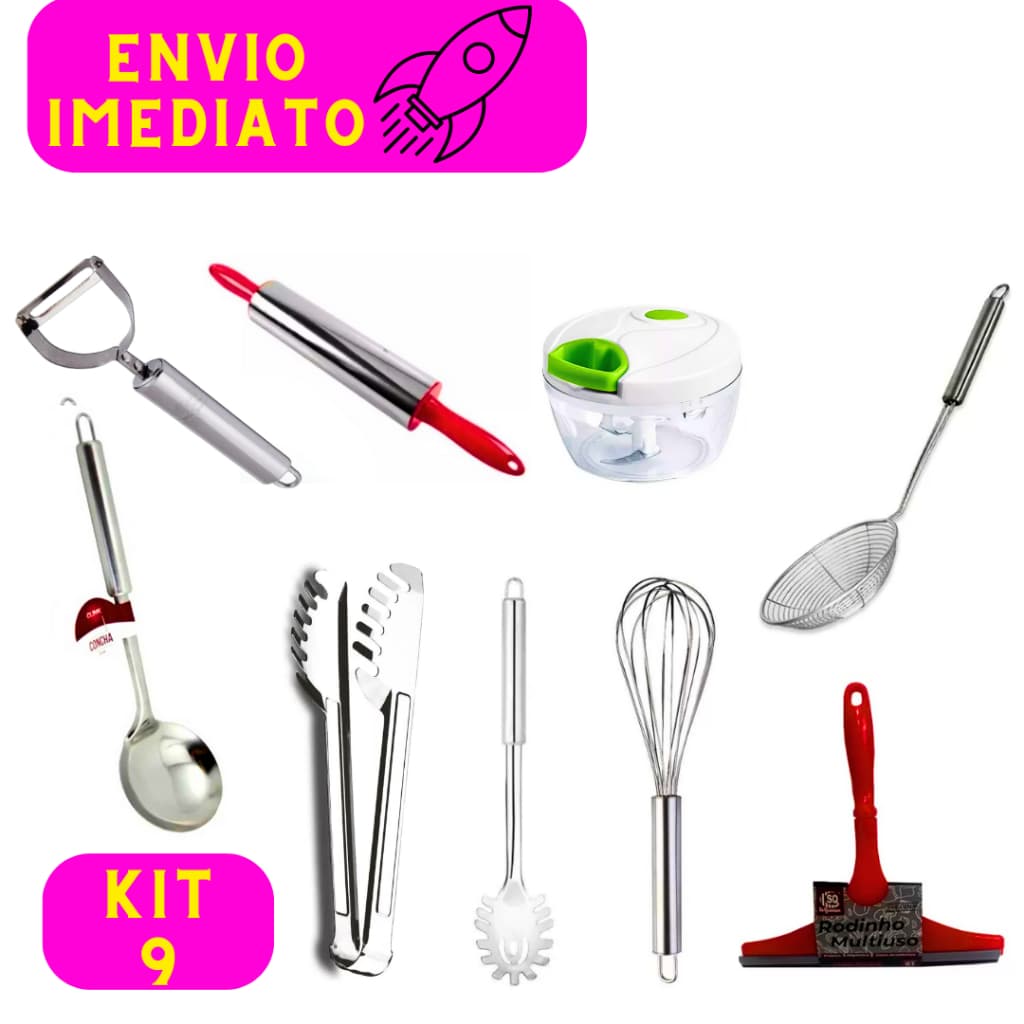 Kit 9 Peças Utensílios de Inox para Cozinha Descascador de Legumes Concha Rolo Pegador de Massa