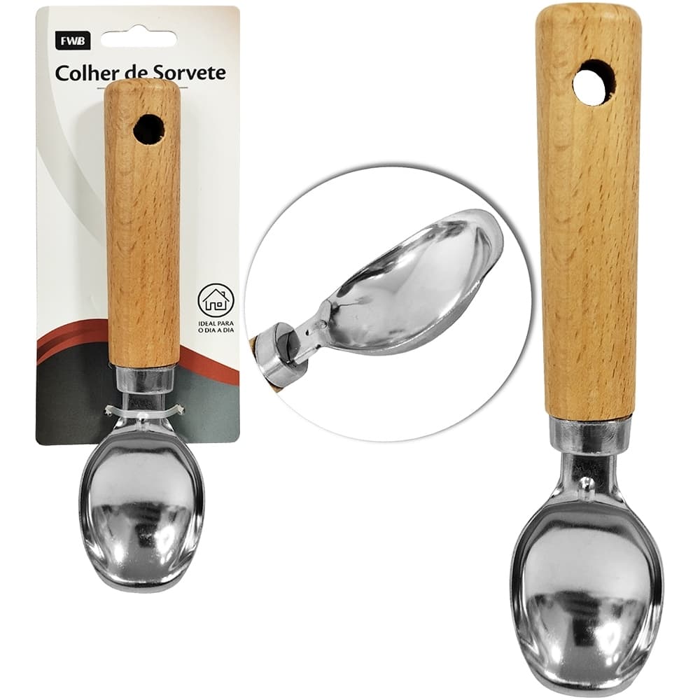 Colher concha de sorvete inox cabo de madeira envio já