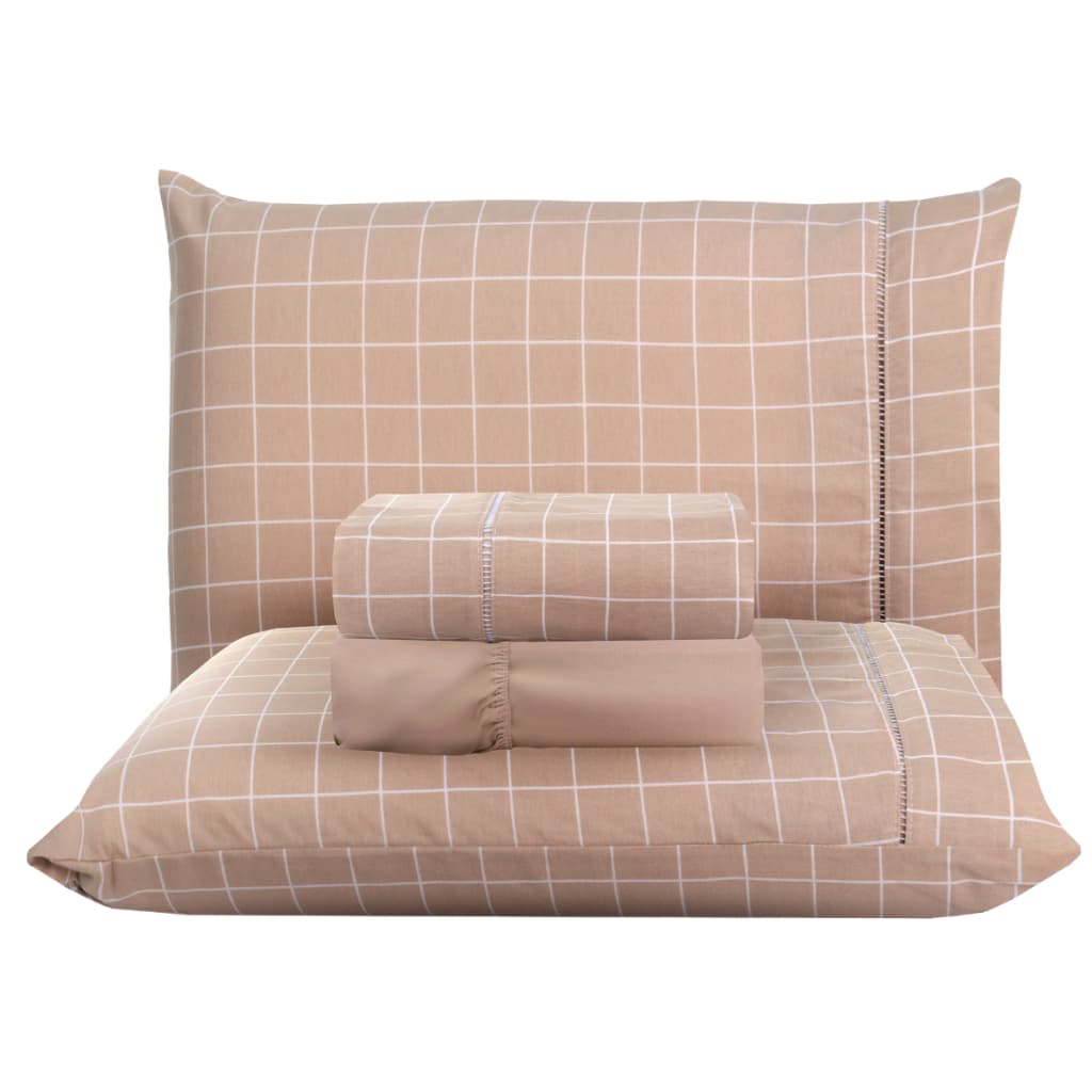 Kit 2 Fronhas 70cm x 50cm Ponto Palito Percal 180 Fios Estampado Xadrez Cáqui