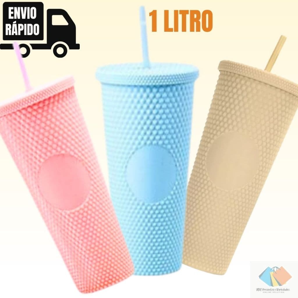 Copo Com Canudo E Tampa de Plástico 1litro Presente Colorido