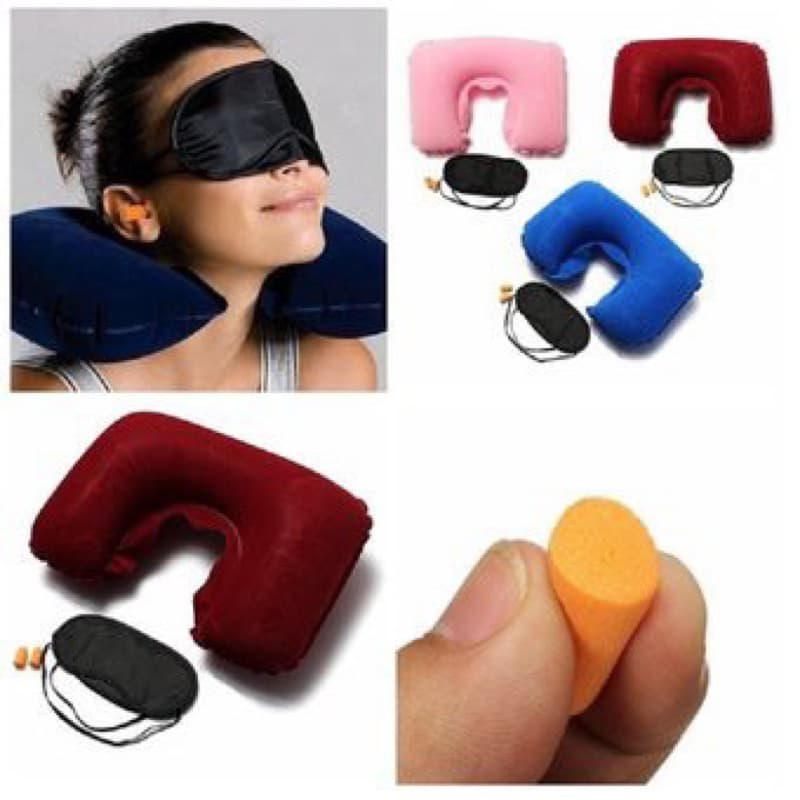 Kit Almofada de Pescoço + Tapa Olho + Protetor Auricular Viagem inflável Travesseiro de bordo para avião carro trem e viagens
