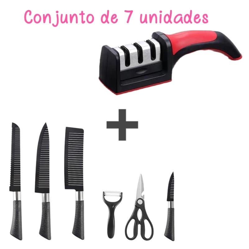 O kit contém 7 unidades Faca, tesoura, descascador, afiador