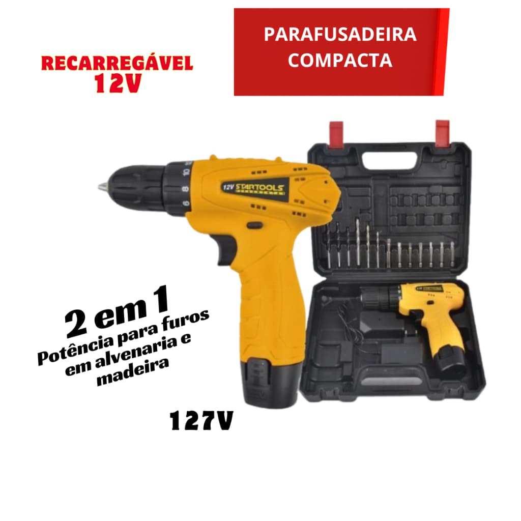 Parafusadeira Furadeira Compacta 12V com Bateria Recarregável Maleta e Acessórios Startools