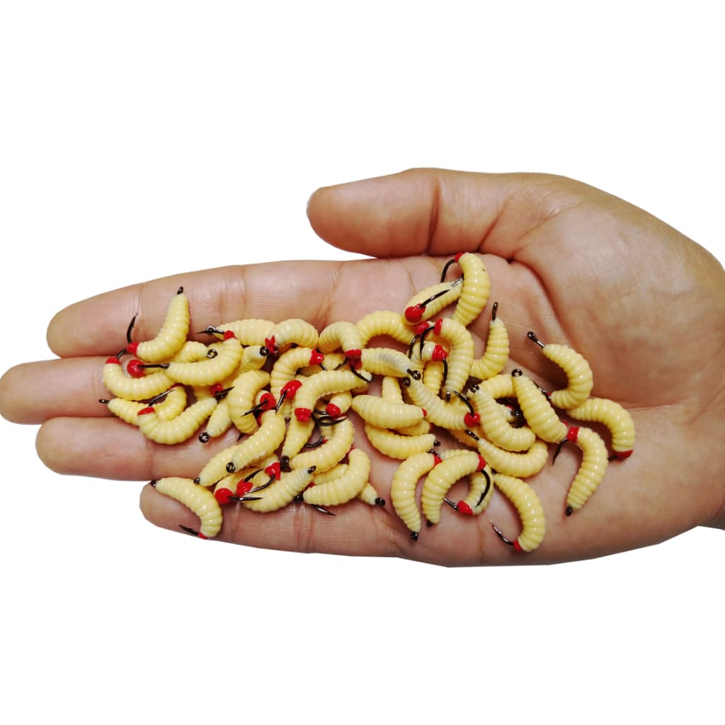 Kit Isca Artificial Larva Bicho Da Laranja Aromatizado com Anzol Chinu n°4  - Bege E Vermelho