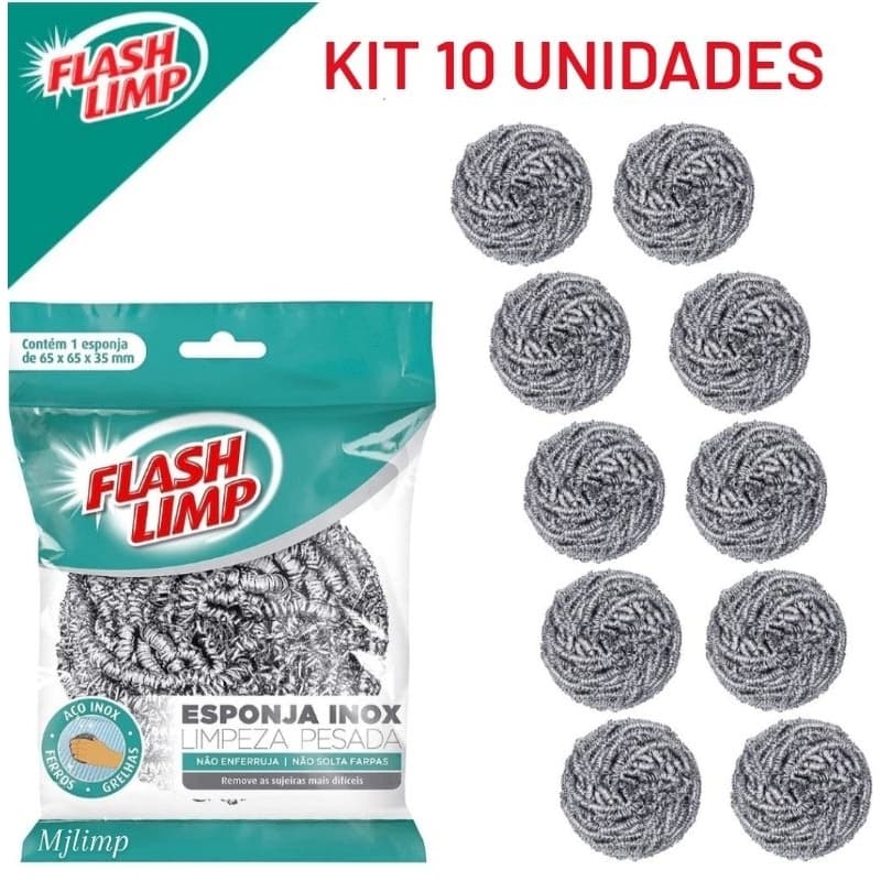 Esponja Inox Limpeza Pesada - Flash Limp - Kit com 10 unidades