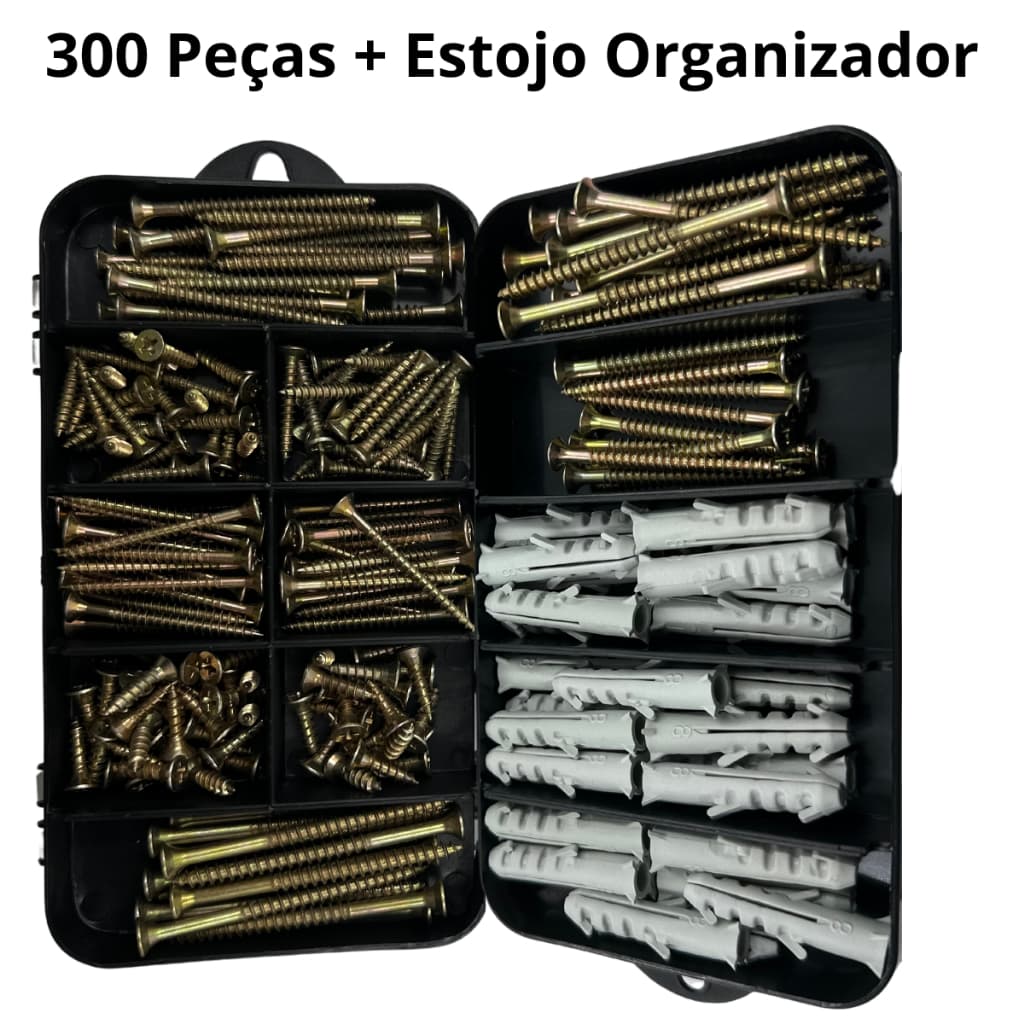 Kit 300 Parafusos Chipboard Philips e Buchas com estojo Organizador Duplo