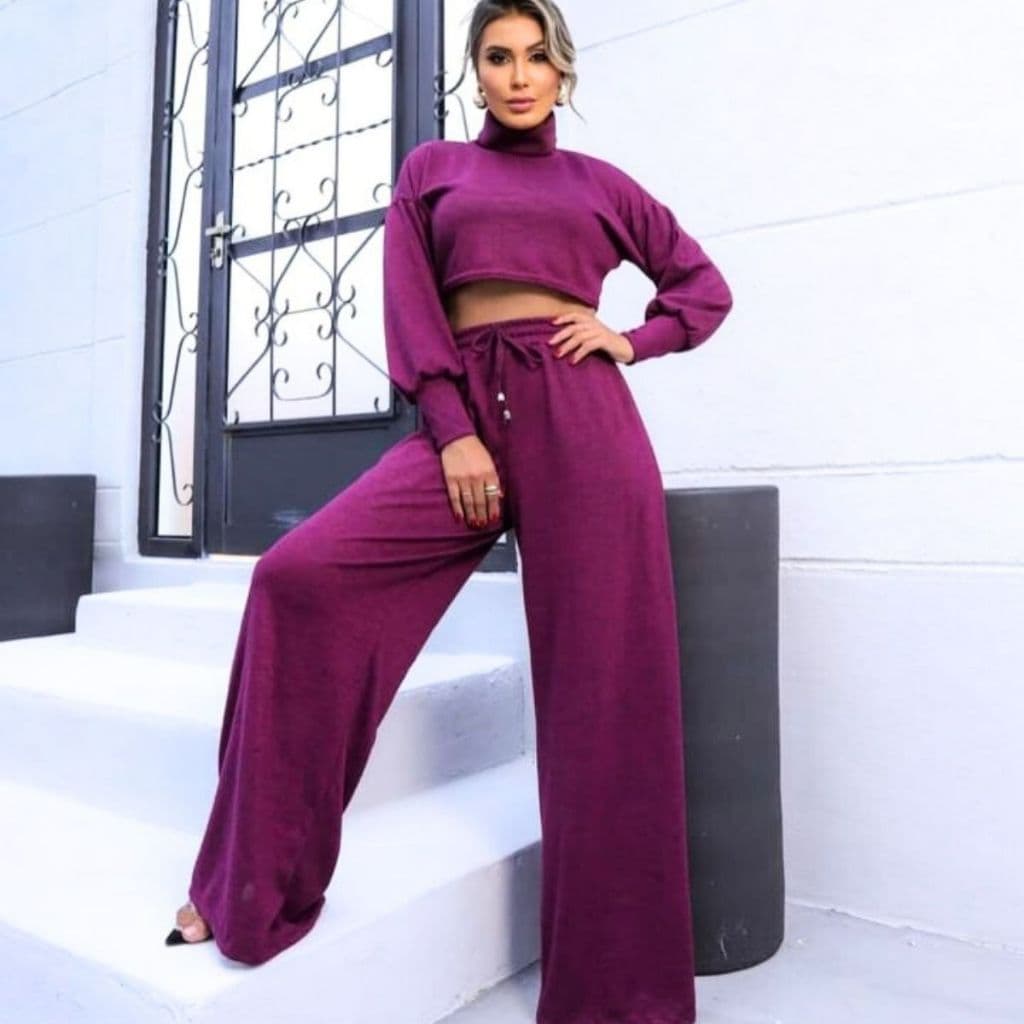 Conjunto de Frio Feminino Luxo 2 Peças Lanzinha Calça Pantalona Blusa Manga Longa Outono/Inverno