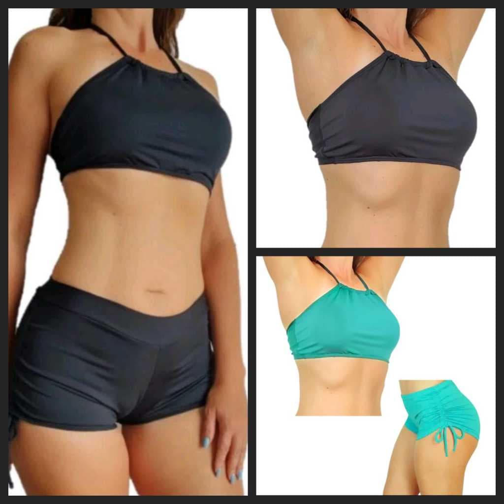 Conjunto Biquíni Sunquíni Calcinha Shorts Cordinha Lateral + Top Sem Bojo