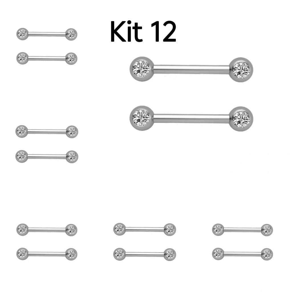 Kit 12 Piercing  Mamilo de Aço inoxidável com 2 pedra zircônia