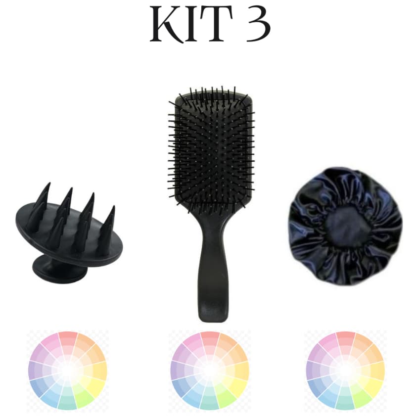 Kit Com Escova Raquete + Touca de Cetim + Massageadora