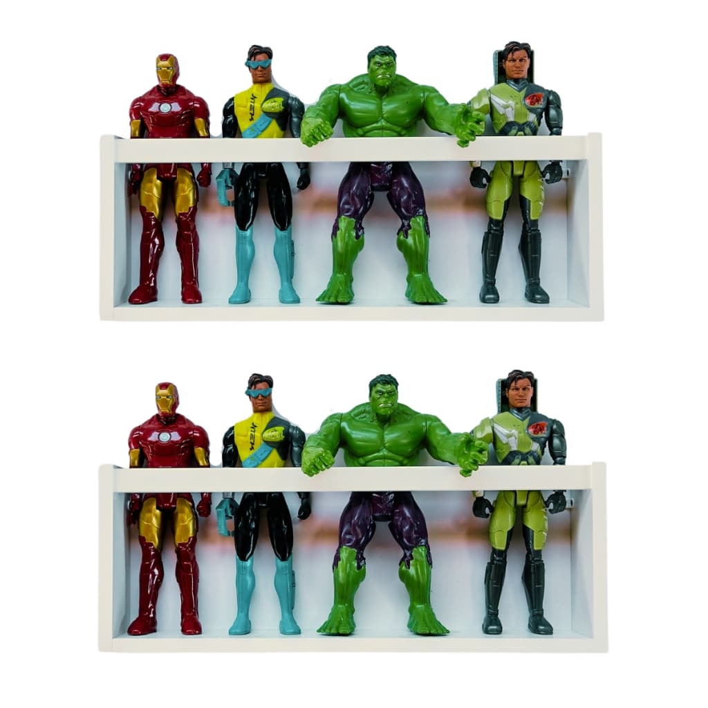 2 Organizadores de brinquedos Prateleiras de bonecos super heróis Nichos Decorativo de quarto infantil e creche MDF 55cm