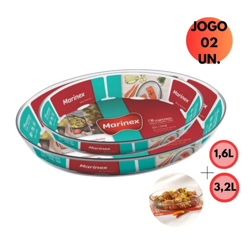 Kit 02 Assadeira Marinex Funda Vidro Oval 3,2L + 1,6L Refratario Lasanheira Servir Mesa Posta Resistente Restaurante Bar