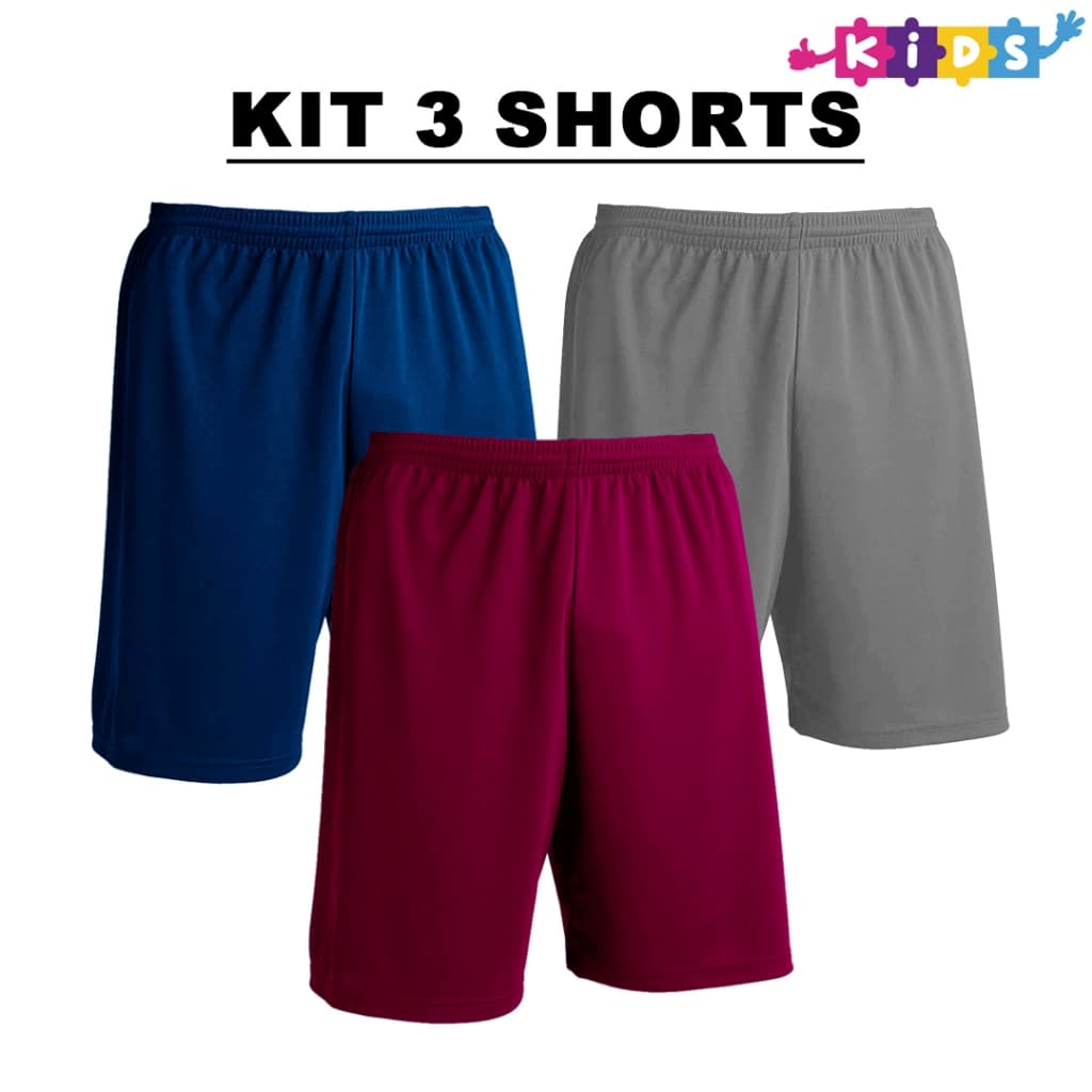 Kit com 3 Bermudas Marinho + Metal + Cores Infantil Shorts Calção Dry Poliéster - Liso