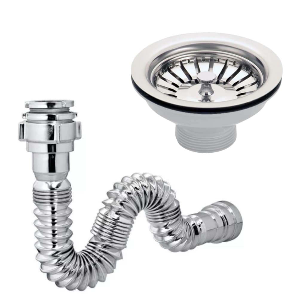 Válvula Pia Cozinha Americana Inox 3. 1/2 + Sifão Flexível Cromado