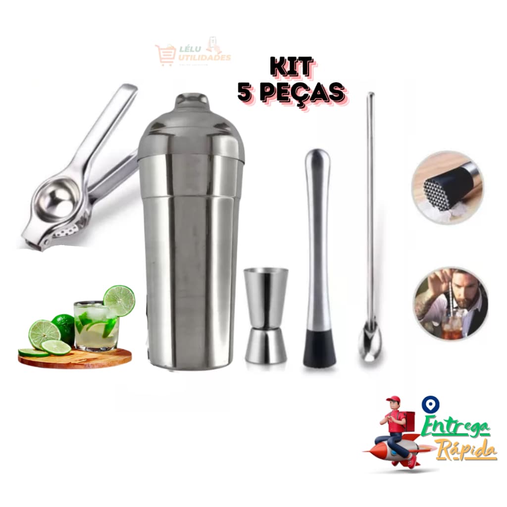 Kit Bar 5 Peças Coqueteleira De Alumínio Socador Dosador Duplo 30 e 60 Ml Espremedor De Limão Colher De Suco Para Bebidas Drink Caipirinha Bar Restaurantes Resistente