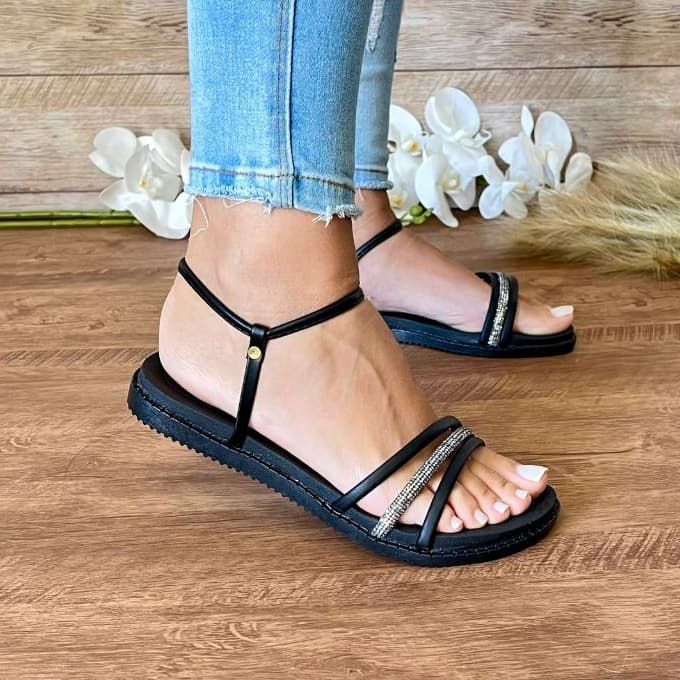 Rasteirinha Glitter Strass Sandália Plana Preta Branca Nude Rasteira Feminina Sandália Confortável
