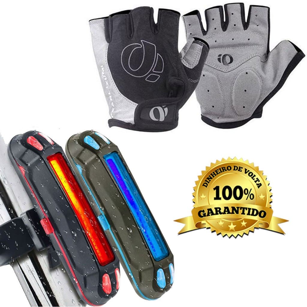 Sinalizador Lanterna Traseira Bike Led Recarregável Usb Pisca + Luva Meio Dedo Ciclismo Com Gel Ciclista Bike Bicicleta Cinza