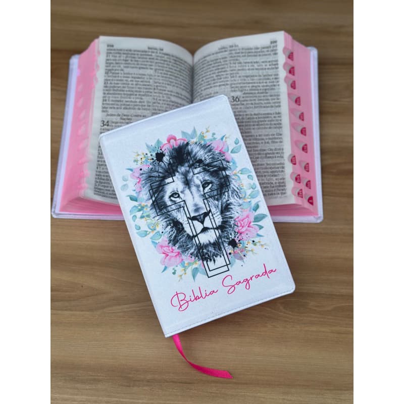 Biblia leão branco floral ARC Letras Grandes Com Harpa e Corinhos Indice