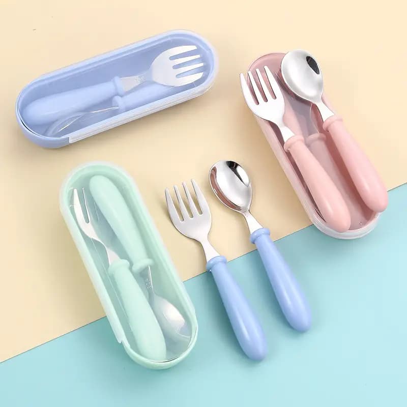 Kit Conjunto Talher Infantil Aço Inox Colher e Garfo Kit Com Estojo Bebe