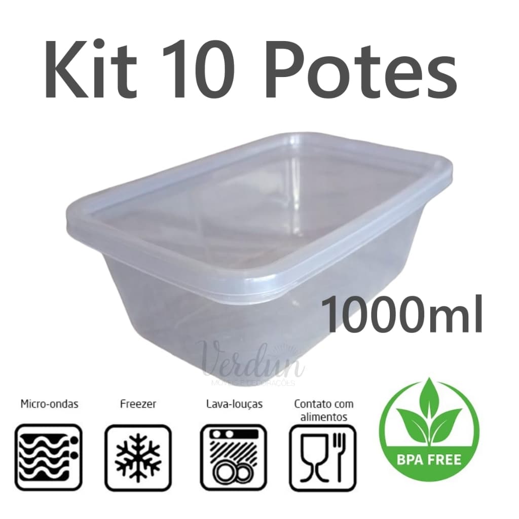 Kit 10 Potes 1 litro Retangular 1000ml Transparente Com Tampa Marmita Fitness Semanal