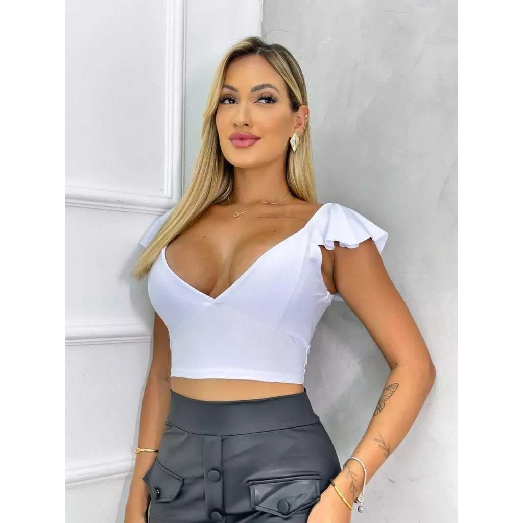 Cropped Feminina Com Decote V  babado Top Blusa Amarração no onbro estilosa elegante