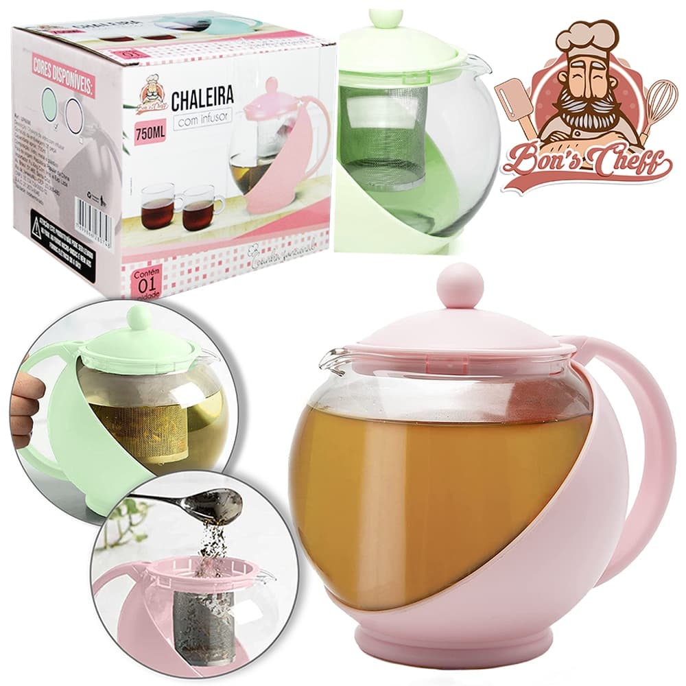 Chaleira De Vidro Com Infusor Inox - 750ML ou 1.25L - Colorida - Envio Imediato - Produto Premium. Cantinho do café.