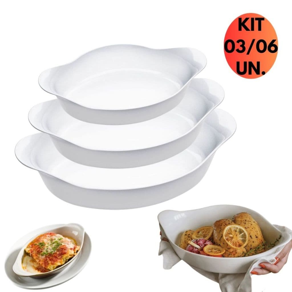 Kit 03/06 Assadeira Oval Vidro Marinex Opaline Branca PMG Vasilha Refratario Forno Airfryer Branca Porcelana Lasanheira