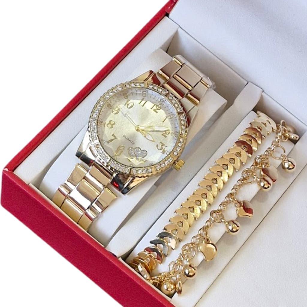 Relógio de pulso Feminino Quartzo analógico Aço + Pulseira sortida Dourado, Prata e Rose com caixa ideal para presente - Presente dia dos namorados, presente de natal