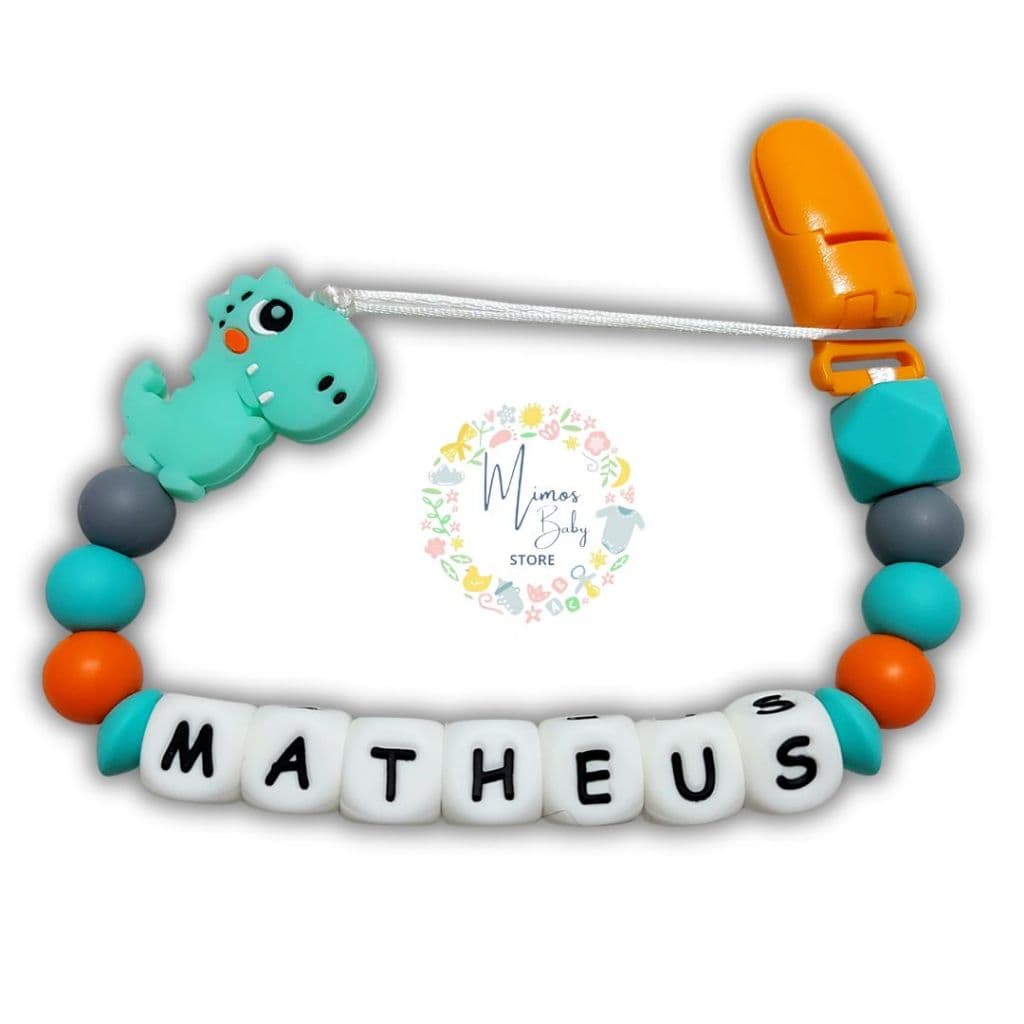 Prendedor de Chupeta de Silicone Macio e Mordedor Personalizado com Nome do Bebê Dinossauro BPA FREE